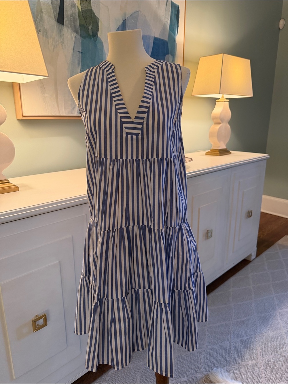 Pomander Place Blue and White Striped V-Neck Tiered Midi Dress